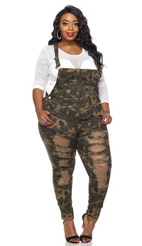 Plus Size Ripped Skinny Leg Overalls in Camouflage - SohoGirl.com