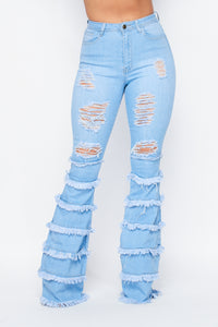 High Waisted Distress Flare Jeans W/ Multi Frays - Light Denim - SohoGirl.com