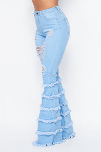 High Waisted Distress Flare Jeans W/ Multi Frays - Light Denim - SohoGirl.com