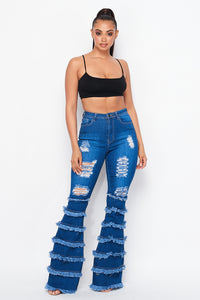 High Waisted Distress Flare Jeans W/ Multi Frays - Medium Denim - SohoGirl.com