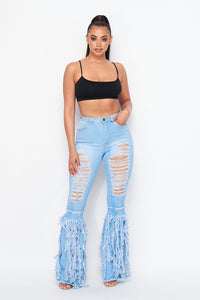 High Waisted Super Distressed Bell Bottom Jeans W/ Tassels - Light Denim - SohoGirl.com