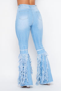 High Waisted Super Distressed Bell Bottom Jeans W/ Tassels - Light Denim - SohoGirl.com