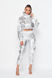 Metallic Pullover Tracksuit Pants Set - Silver - SohoGirl.com