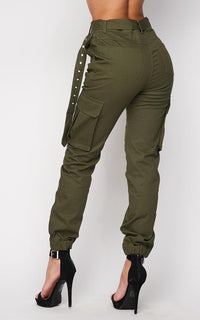 Belted High Waist Cargo Jogger Pants - Olive - SohoGirl.com