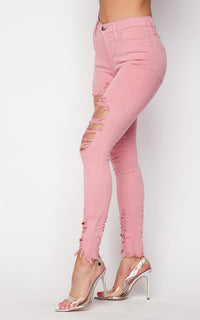 Vibrant High Waisted Distressed Stretchy Ripped Jeans in Blush - SohoGirl.com