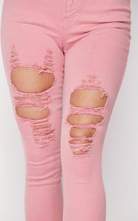 Vibrant High Waisted Distressed Stretchy Ripped Jeans in Blush - SohoGirl.com
