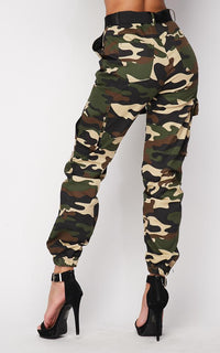 Belted High Waist Cargo Jogger Pants - Khaki Camouflage - SohoGirl.com
