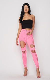 Vibrant High Waisted Button Fly Distressed Jeans - Neon Pink - SohoGirl.com