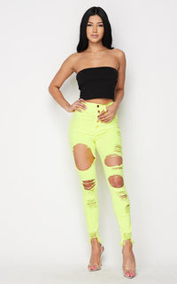Vibrant High Waisted Button Fly Distressed Jeans in Neon Yellow - SohoGirl.com