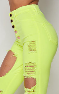 Vibrant High Waisted Button Fly Distressed Jeans in Neon Yellow - SohoGirl.com