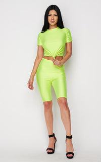 Neon Green Nylon Front Tie Top and Bermuda Shorts - SohoGirl.com