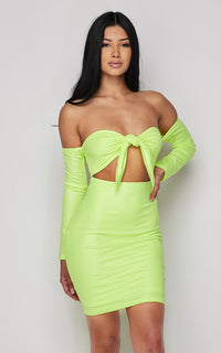 Neon Green Off The Shoulder Tie Front Dress - SohoGirl.com