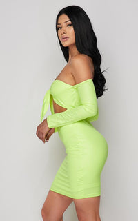 Neon Green Off The Shoulder Tie Front Dress - SohoGirl.com