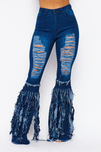 High Waisted Super Distressed Bell Bottom Jeans W/ Tassels - Dark Denim - SohoGirl.com