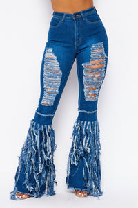 High Waisted Super Distressed Bell Bottom Jeans W/ Tassels - Medium Denim - SohoGirl.com