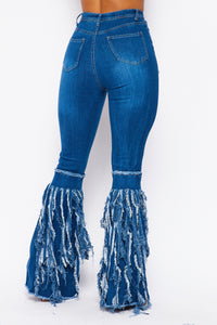 High Waisted Super Distressed Bell Bottom Jeans W/ Tassels - Medium Denim - SohoGirl.com