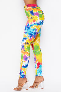 Super High Waisted Tie Dye Skinny Jeans - Yellow/Green Multicolor - SohoGirl.com