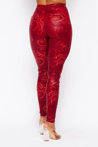 Super High Waisted Stretchy Faux Leather Snake Print Jeans - Red - SohoGirl.com