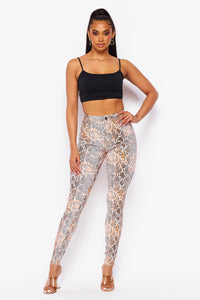 Super High Waisted Faux Leather Snake Print Jeans - Coral - SohoGirl.com