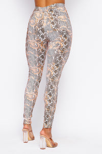 Super High Waisted Faux Leather Snake Print Jeans - Coral - SohoGirl.com