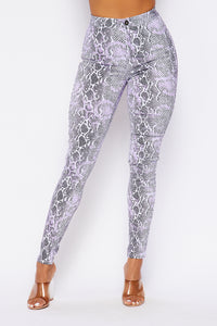 Super High Waisted Faux Leather Snake Print Jeans - Lavender - SohoGirl.com
