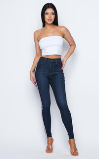 Rhinestone Stripe High Waisted Denim Skinny Jeans - Dark Denim - SohoGirl.com