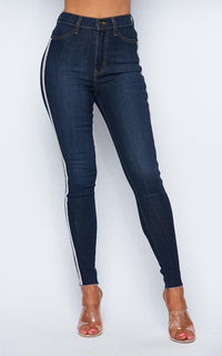 Rhinestone Stripe High Waisted Denim Skinny Jeans - Dark Denim - SohoGirl.com