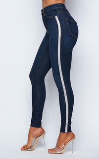 Rhinestone Stripe High Waisted Denim Skinny Jeans - Dark Denim - SohoGirl.com