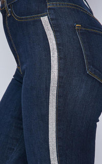 Rhinestone Stripe High Waisted Denim Skinny Jeans - Dark Denim - SohoGirl.com