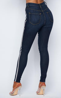 Rhinestone Stripe High Waisted Denim Skinny Jeans - Dark Denim - SohoGirl.com