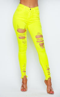 Distressed Ankle High Waisted Skinny Jeans - Neon Yellow - SohoGirl.com