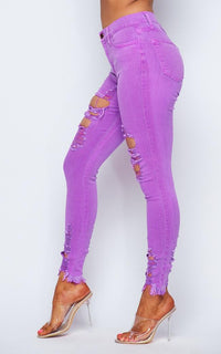 Distressed Ankle High Waisted Skinny Jeans - Neon Purple - SohoGirl.com