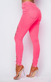 Distressed Ankle High Waisted Skinny Jeans - Neon Pink - SohoGirl.com