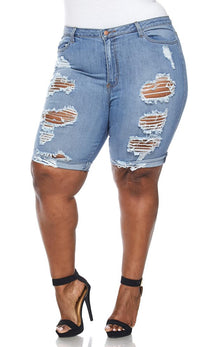 Plus Size High Waisted Distressed Bermuda Shorts in Blue Denim - SohoGirl.com