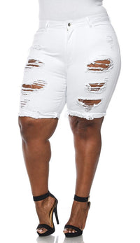 Plus Size High Waisted White Distressed Bermuda Shorts - SohoGirl.com