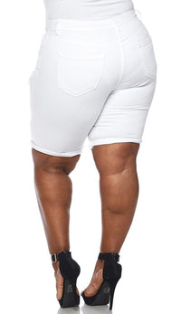 Plus Size High Waisted White Distressed Bermuda Shorts - SohoGirl.com