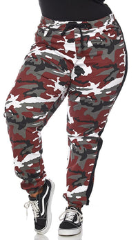 Plus Size Drawstring Camouflage Side Stripe Cargo Pants - Burgundy - SohoGirl.com