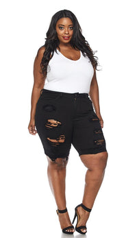 Plus Size Solid Black High Waisted Bermuda Shorts - SohoGirl.com