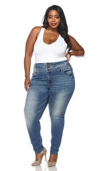 Plus Size 3-Button High Waisted Denim Skinny Jeans - SohoGirl.com