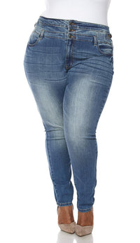 Plus Size 3-Button High Waisted Denim Skinny Jeans - SohoGirl.com