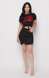Vibrant Distressed Denim Mini Skirt - Black - SohoGirl.com