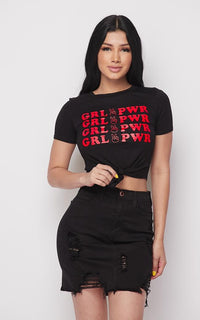 Girl Power Tie Front Short Sleeve T-shirt - Black - SohoGirl.com