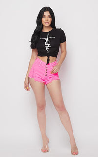 Button Fly Distressed Denim Shorts - Neon Pink - SohoGirl.com