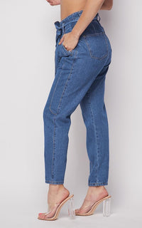 Belted Front Tie Denim Mom Jeans in Classic Denim - SohoGirl.com