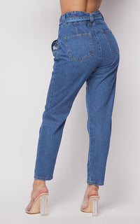 Belted Front Tie Denim Mom Jeans in Classic Denim - SohoGirl.com