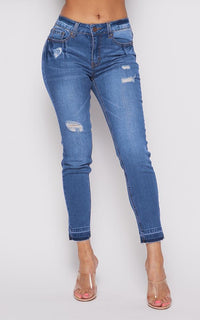 Super Stretch Mid Rise Distressed Jeans - Medium Wash - SohoGirl.com