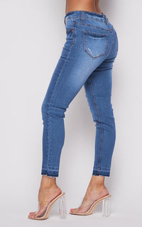 Super Stretch Mid Rise Distressed Jeans - Medium Wash - SohoGirl.com