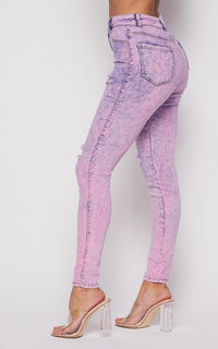 Acid Wash Slightly Ripped Stretchy Skinny Jeans - Lavender - SohoGirl.com