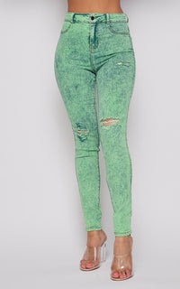 Acid Wash Slightly Ripped Stretchy Skinny Jeans - Green - SohoGirl.com