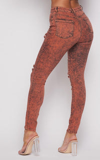 Acid Wash Slightly Ripped Stretchy Skinny Jeans - Orange - SohoGirl.com